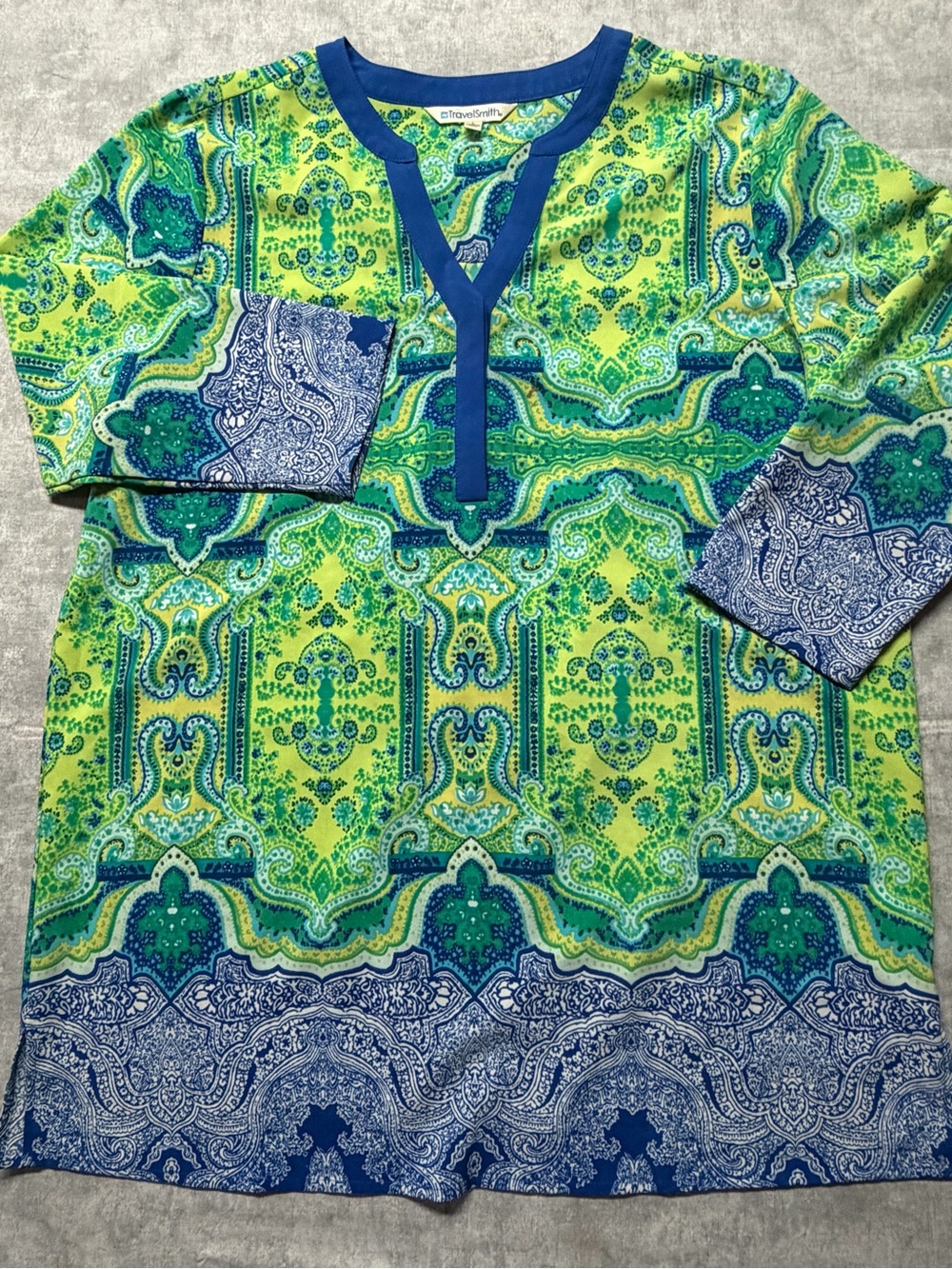 TravelSmith Womens Large Green Blue Paisley Split Neck 3/4 Sleeve Tunic Top